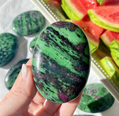 ruby in zoisite rubyzoisite rubychrosite ruby gemstone and crystal palmstone. large palmstone for meditation, love, healing, heart chakra, passion, growth, connection, communication, self love and care