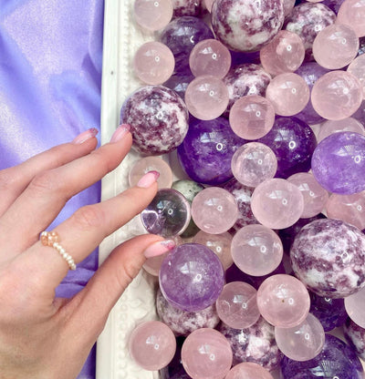 Crystal sphere. crystals ball. amethyst lepidolite rose quartz. mini sphere for healing, meditation, decor, and more. pink and purple crystals and stones for collecting. crystals for beginners